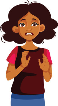 Scared Anxious Young Woman Gesturing Stop With Hands In Fear Cartoon. Vector illustration of a frightened girl raising her hands defensively with worried expression
 