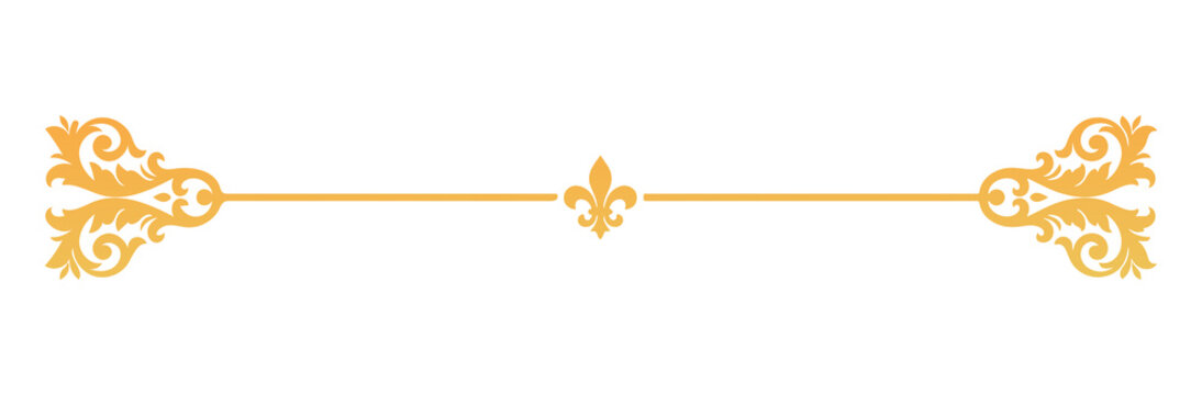 Golden vintage ornamental divider with fleur de lis symbol, elegant filigree scroll border element for wedding invitation or luxury design isolated on transparent background