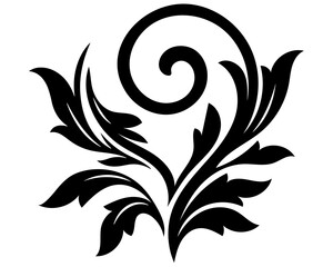 Elegant floral swirl ornament, decorative flourish design element with ornate leaves and curling vine, black silhouette graphic isolated on transparent background © WASIF-MEHMOOD