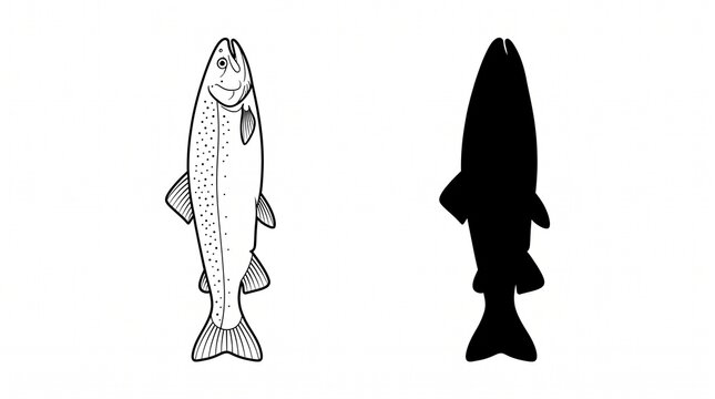 Minimal black fish illustrations featuring a detailed outlined trout and solid silhouette, both facing upward, isolated on a white background.