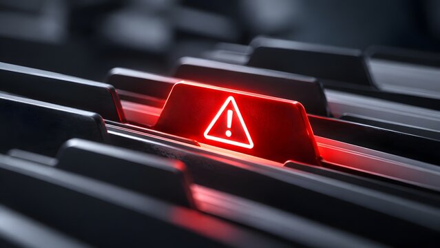 Glowing red warning alert triangle on digital database file tab depicting critical cybersecurity threat server error and corporate compliance risk