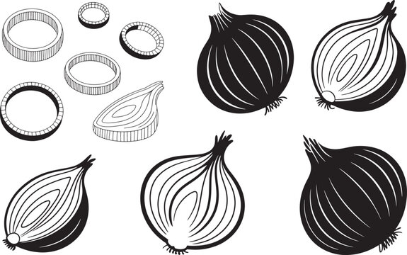 Onion set black line and silhouette icons with sliced rings for cooking and healthy food recipes.