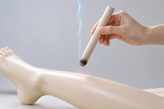 A single lit moxa stick held above a leg model, thin blue smoke rising.