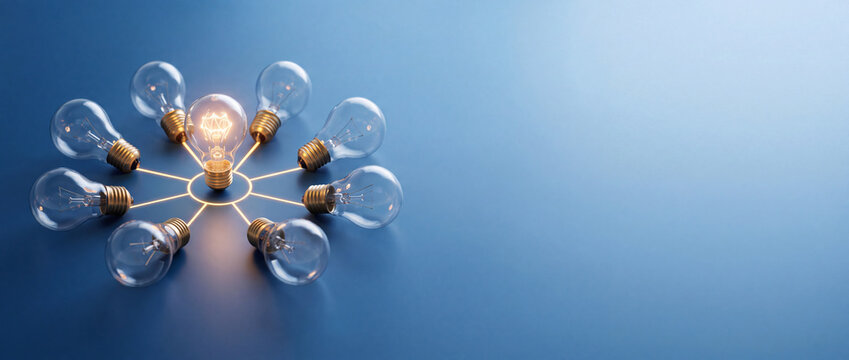 One bright glowing light bulb shining in a circle of unlit bulbs on a blue surface representing leadership, innovation, inspiration, unique business ideas, and standing out from the crowd.