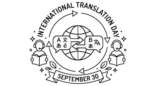 Line art illustration depicts international translation day with globe and language symbols