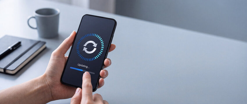 Close up of hands holding a modern smartphone performing a system software update with a circular loading icon and progress bar on the screen, person working at office desk with a cup of coffee.
