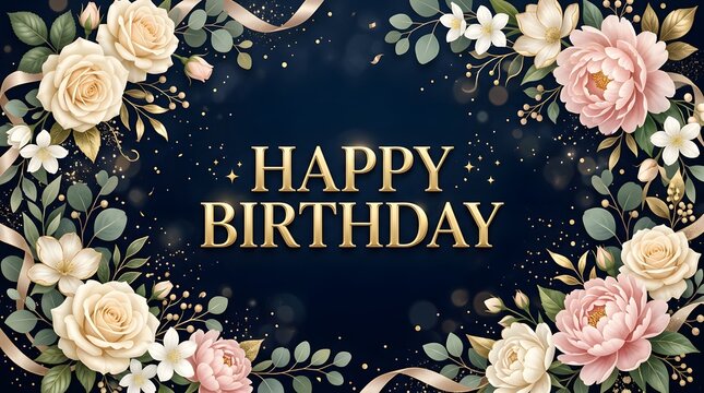 Happy Birthday gold text with floral frame on dark blue background