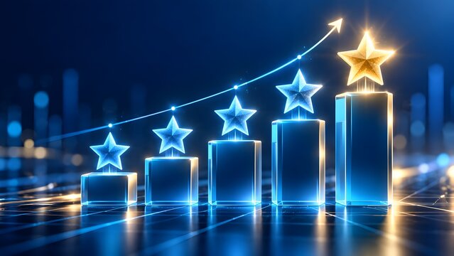 Ascending financial growth graph with glowing glass stars and top golden star on podiums representing business success ultimate achievement and performance