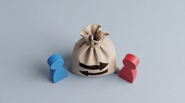 Peer to Peer Money Transfer and Financial Transaction Concept Featuring Wooden People Figures and a Burlap Money Bag with Exchange Symbol for Business, Digital Banking, and Sharing Economy Purposes