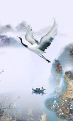 Obraz premium Flying crane over misty mountains and water. Traditional Chinese ink wash landscape with a bird, digital art for wallpaper and background.