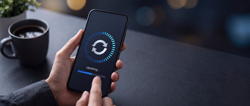 Close up of a person holding a smartphone showing a software update progress bar on the screen with a sync icon, representing system maintenance, digital installation, and technology improvement.