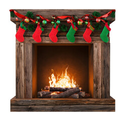 Obraz premium PNG Rustic Christmas fireplace with stockings, garland, ornaments