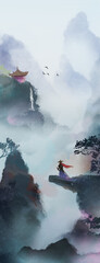 Fototapeta premium Misty mountain peaks with flying birds and a person on a cliff. Traditional Chinese ink wash landscape digital art for background design.