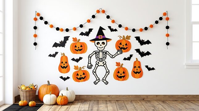 Halloween interior wall decoration mockup featuring cute skeleton decals pumpkins bats and garland on a white wall above wooden floor