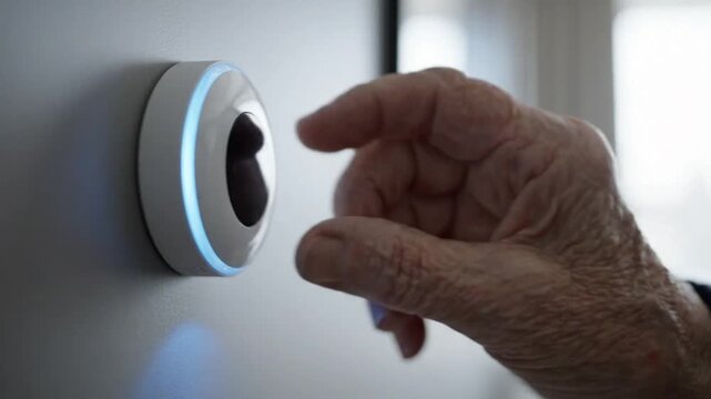 Elderly Hand Interacting with Smart Home Device: A close-up shot shows an elderly hand with wrinkled skin reaching out to touch a sleek, modern smart home device, indicated by a glowing blue light.