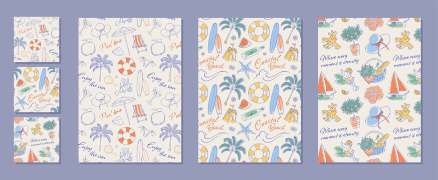 Vintage beach travel ink line seamless pattern collection in blue. Summer vacation coastal mediterranean elements for wallpaper and textile print, retro. For postcard template vector background.