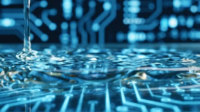 Liquid Cool Circuit Board: Water streams onto a glowing blue circuit board, symbolizing advanced cooling technology for powerful computer hardware.