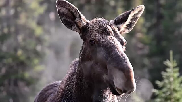 Majestic Moose Portrait: A close-up portrait of a majestic moose with its large, distinctive ears and rugged features, set against a soft-focus forest background.