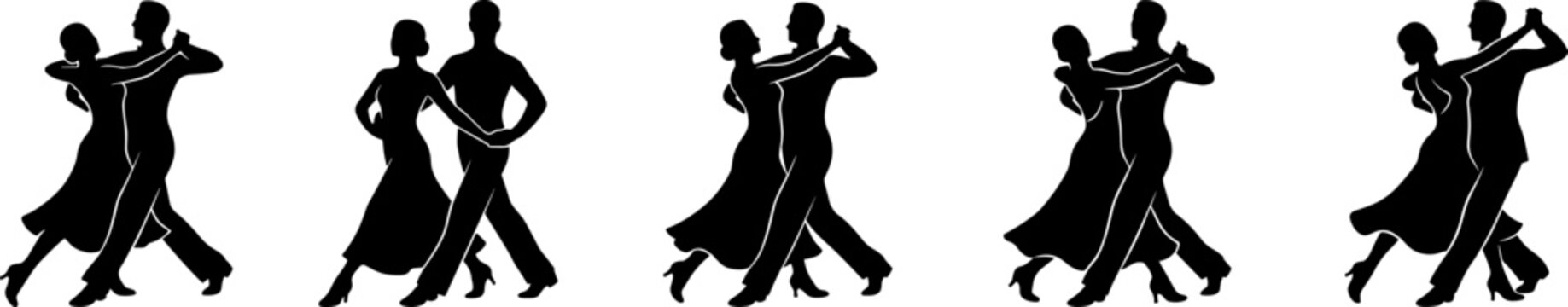 Ballroom dancing couple silhouettes performing elegant waltz steps on a clean white background