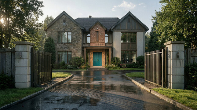 Elegant residential home exterior features stone facade and landscaped driveway within a private gated community setting