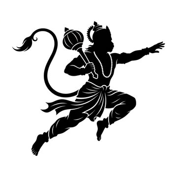 Black Lord Hanuman silhouette flying with mace, divine Hindu god vector artwork, powerful mythological deity symbol, spiritual Indian culture illustration for religious festival banner design
