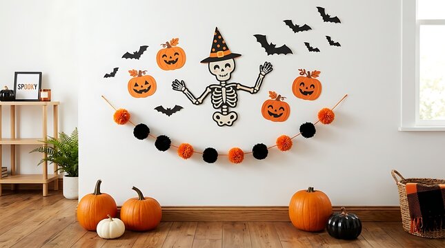 Halloween home decoration featuring a skeleton wall decal, paper pumpkins, flying bats, pom garland, and real pumpkins on the floor in a bright modern room.