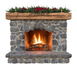 Obraz premium PNG Rustic stone fireplace with warm fire and festive greenery