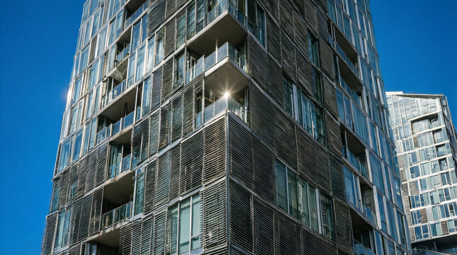 Kinetic facade featuring operable louvers shifting with the sun on a modern glass residential tower against a blue sky