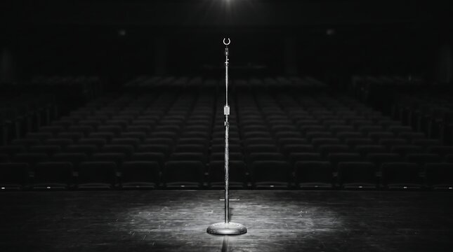 A vintage silver microphone stands centered on a dark wooden stage illuminated by a single spotlight before an empty auditorium in a monochromatic composition.