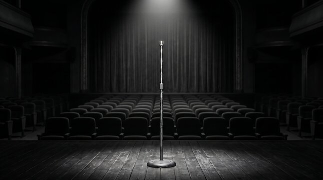 Vintage silver microphone standing centered on a dark wooden stage floor under a singular dramatic spotlight in an empty theater auditorium with velvet seats.