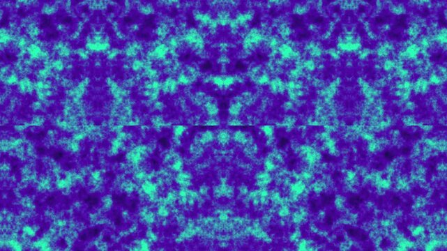 Abstract purple and turquoise fractal nebula clouds moving in symmetrical psychedelic pattern for music background.