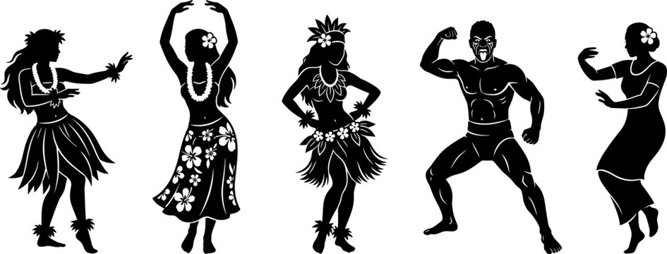 Polynesian hula dancers and warrior silhouette set isolated on white background