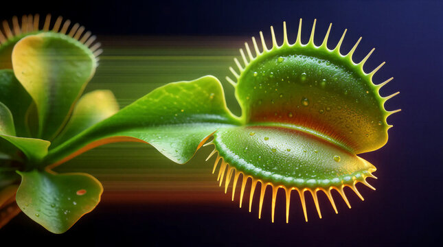 Rapid capture, glowing 3D organic venus flytrap leaves closing swiftly inside a dark gradient void