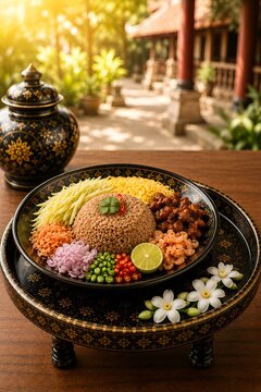 Traditional Thai shrimp paste fried rice (Khao Khluk Kapi) served on pedestal tray