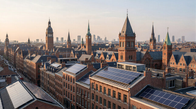 Historic skyline featuring modern solar panels integrated across traditional brick buildings and old European towers