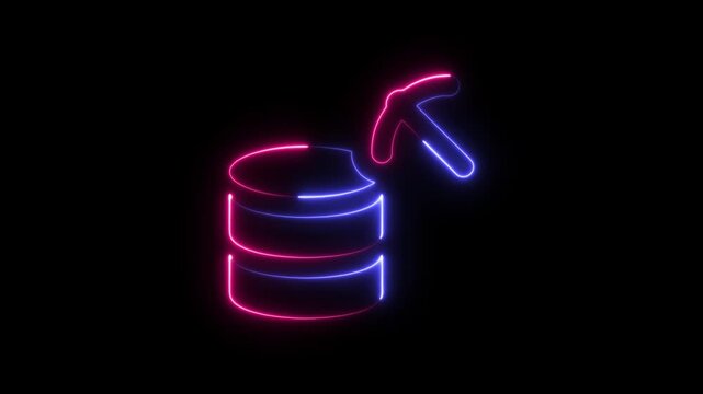 Neon glowing icon of a data mining pickaxe and database server on a black background