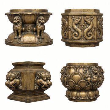 South Indian Dravidian temple pillar capitals with animal, botanical, and floral sculptural relief