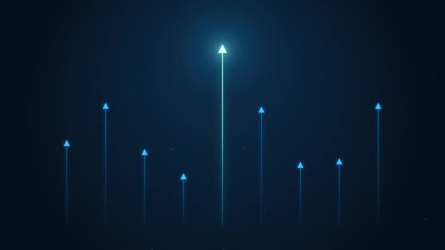 Digital growth concept: glowing blue arrows rising on dark background, for business success, financial analysis, and, data analytics presentation