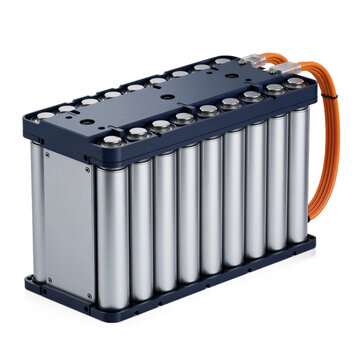 Cylindrical lithium ion cells arranged in a metallic silver casing with dark blue housing on a transparent background