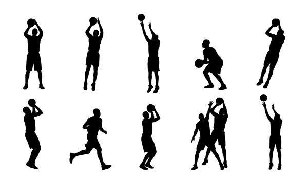 Set of black silhouettes showing various basketball player poses and actions isolated on a white background
