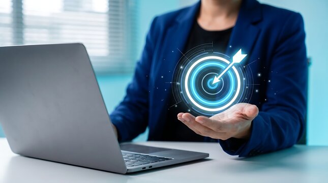Businesswoman Holding Digital Glowing Target Icon Laptop Success Marketing Strategy Achievement Professional Corporate Concept Web Banner Background