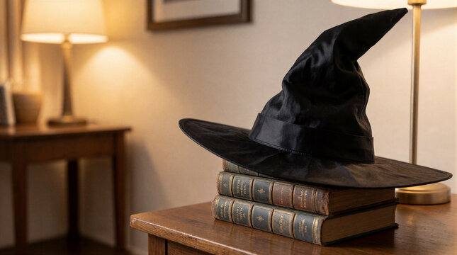 Hardcover books topped with pointed black witch hat sitting on wooden table inside cozy room