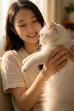 Woman cudding a fluffy white cat at home