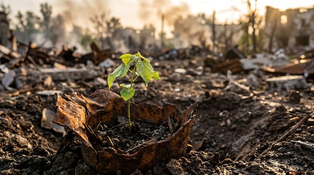 A bright green seedling grows from dark scorched earth amidst the blurred ruins of a war-torn landscape, symbolizing hope and environmental recovery.