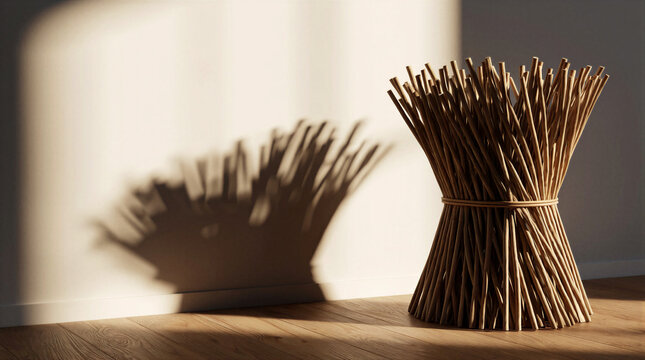 Wooden floor, tightly bound bundle of sticks resting with sharp shadow on wall behind casting stark contrast