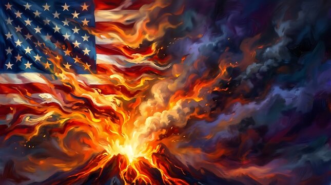 Fiery explosion against the backdrop of the american flag representing national crisis