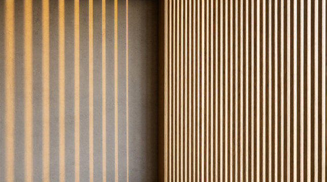 Vertical light well featuring pale oak slats filtering morning sunlight into a modern minimalist home