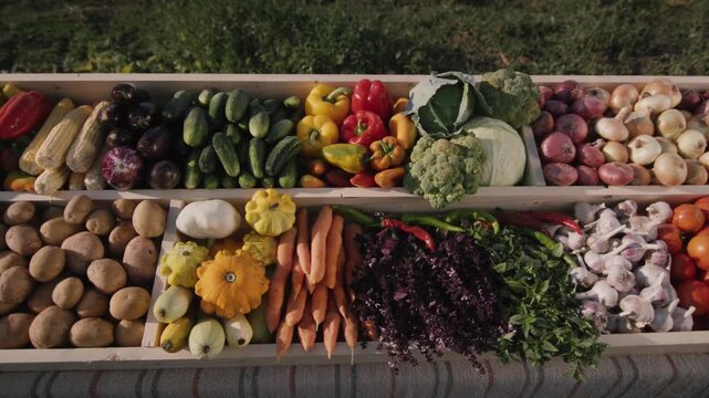 Fresh organic vegetables harvest displayed in wooden crates during sunny day outdoors in garden setting featuring colorful variety of produce grown on local farm including potatoes carrots and onions.