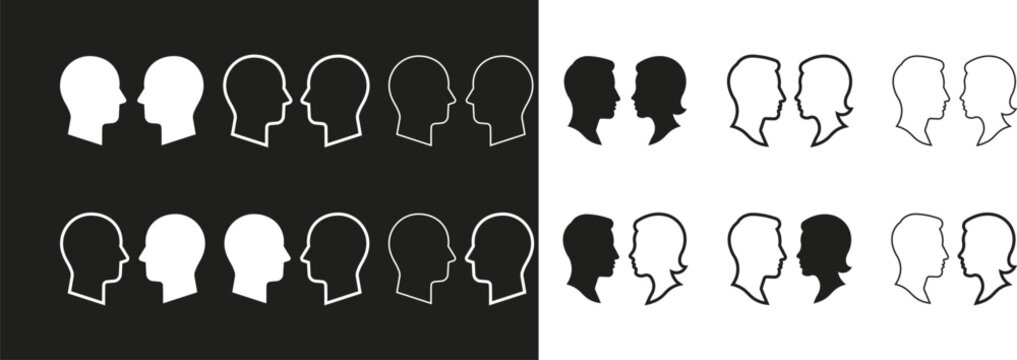 Set of two profile heads facing each other icon. featuring dialogue communication and pair silhouette symbols. black and white outline and solid style. vector illustration