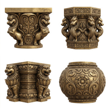 Sculptural South Indian Dravidian temple pillar capitals with guardian forms and botanical relief